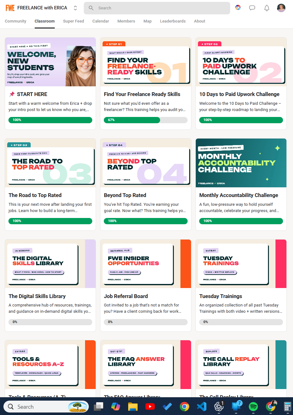 Freelance with Erica classroom, with skill guides and step-by-step courses