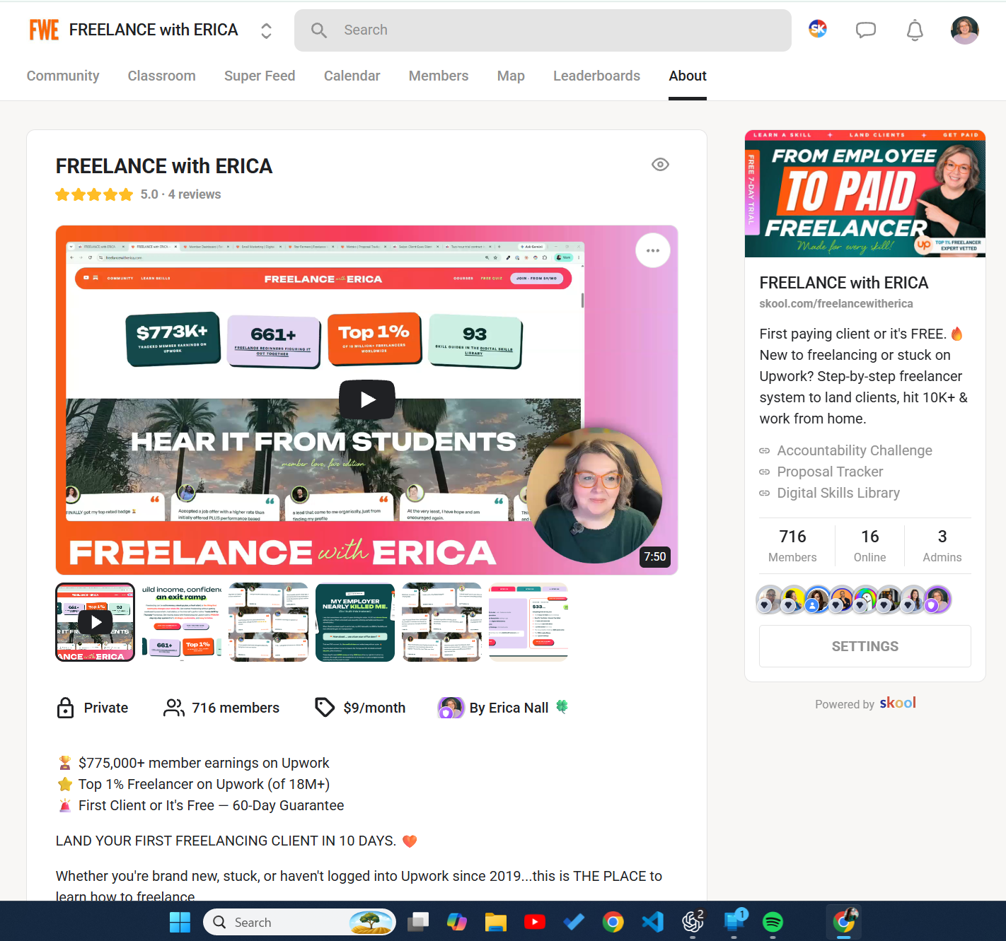 A peek inside FREELANCE with ERICA on Skool: 716 members, 16 online, and a community of freelancers.