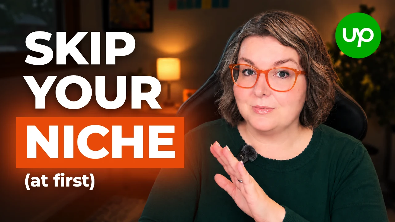 Erica Nall beside the words Skip Your Niche at first for a first Upwork job training.