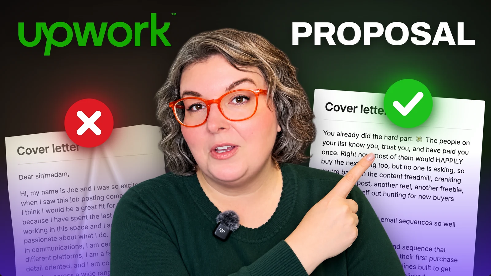 Erica Nall points to a stronger Upwork cover letter beside a rejected generic proposal.