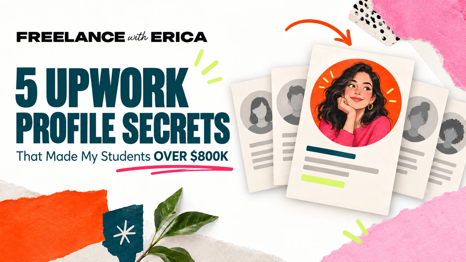 5 Upwork Profile Secrets: a colorful illustrated profile stands out among neutral profile cards.
