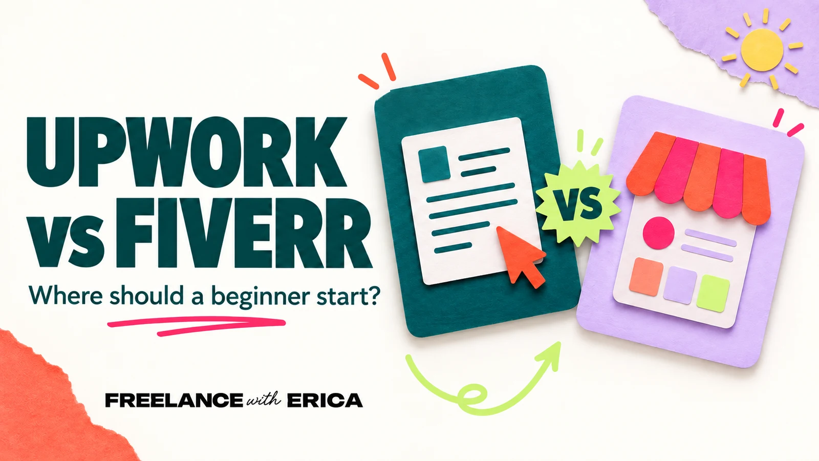 Upwork vs Fiverr comparison graphic with a proposal card, a service storefront, and bright paper accents.