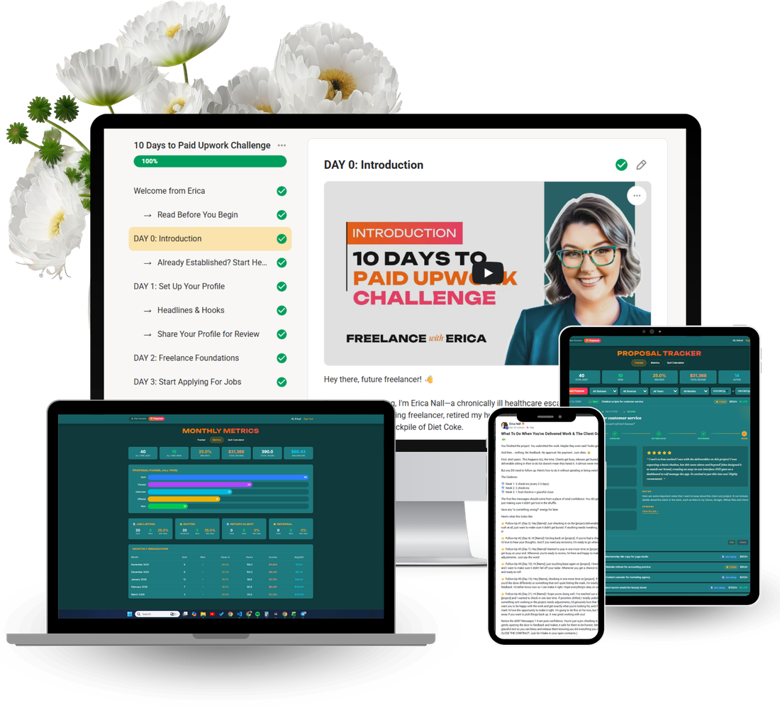 10 Days To Paid Upwork Challenge — the course portal on laptop, tablet, and phone