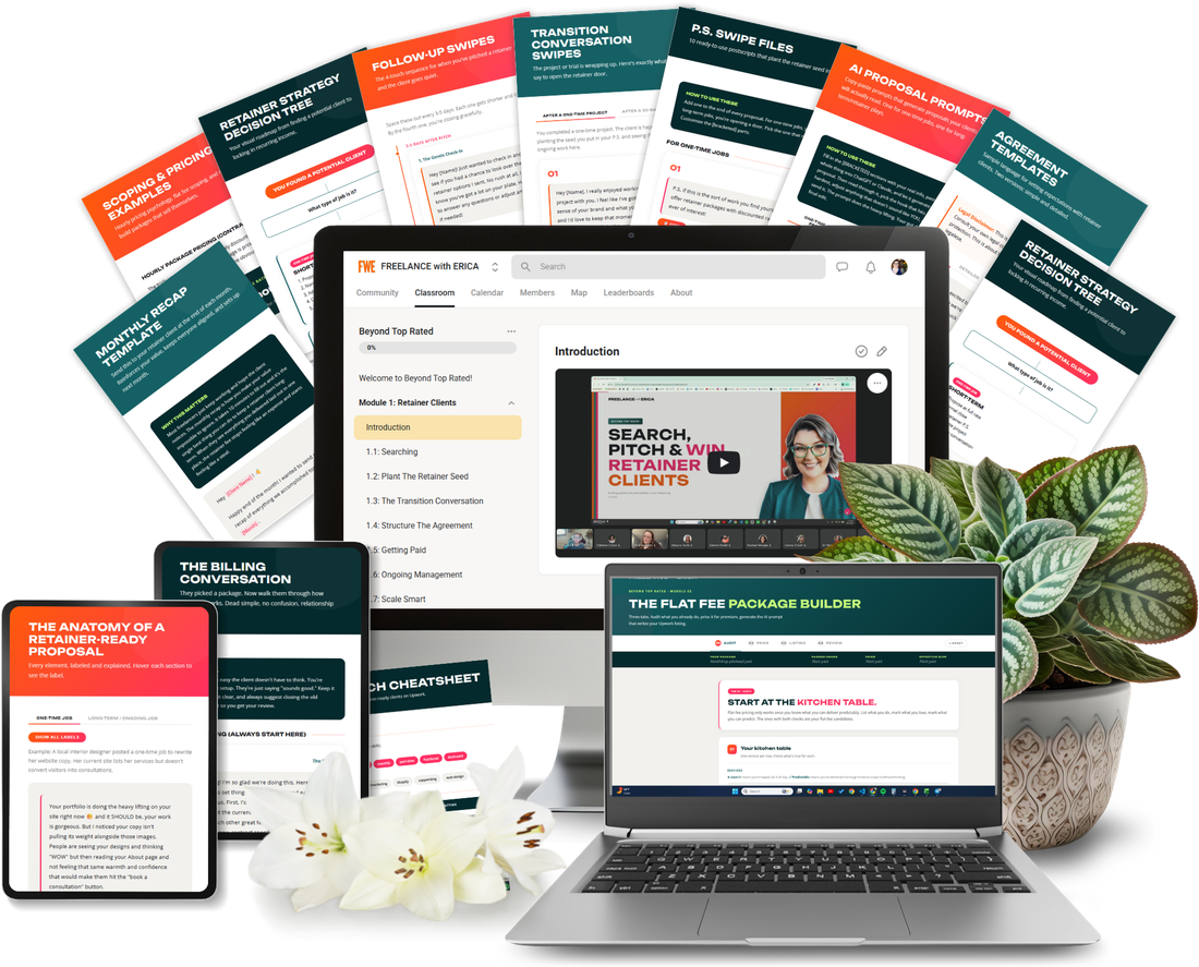 Beyond Top Rated — retainer swipe files, agreement templates, and the Flat Fee Package Builder across devices