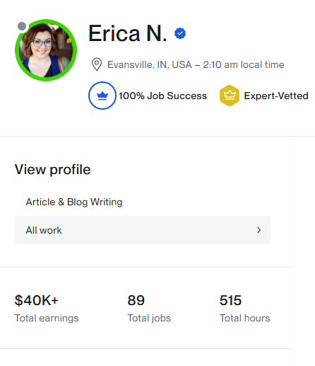 Erica's Top Rated Upwork profile: $40K+ earned, 100% Job Success, Expert-Vetted